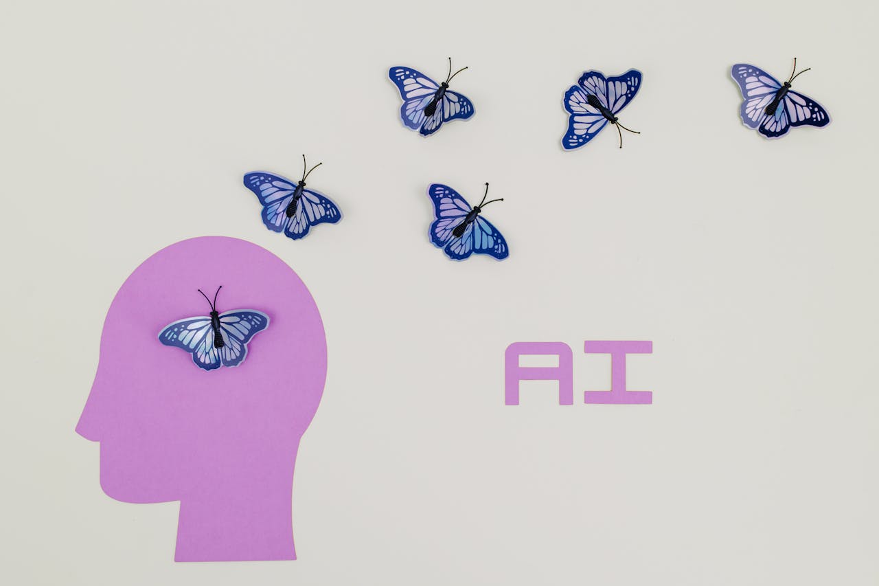 why-choose-us-01 Surreal AI conceptual art featuring butterflies and a human head silhouette in a minimalistic style.